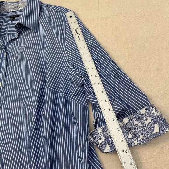 Talbots Blue & White Pin Striped Button Blouse Shirt Floral Flip Cuff 24W - Picture 11 of 14